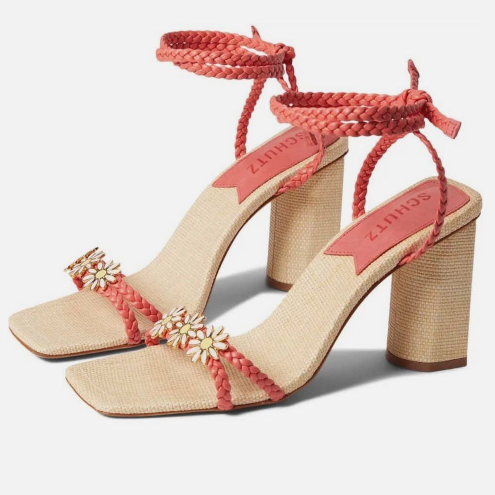 NWT Schutz Hina Ankle Braided Strap Floral Block Heel Sandal 7.5